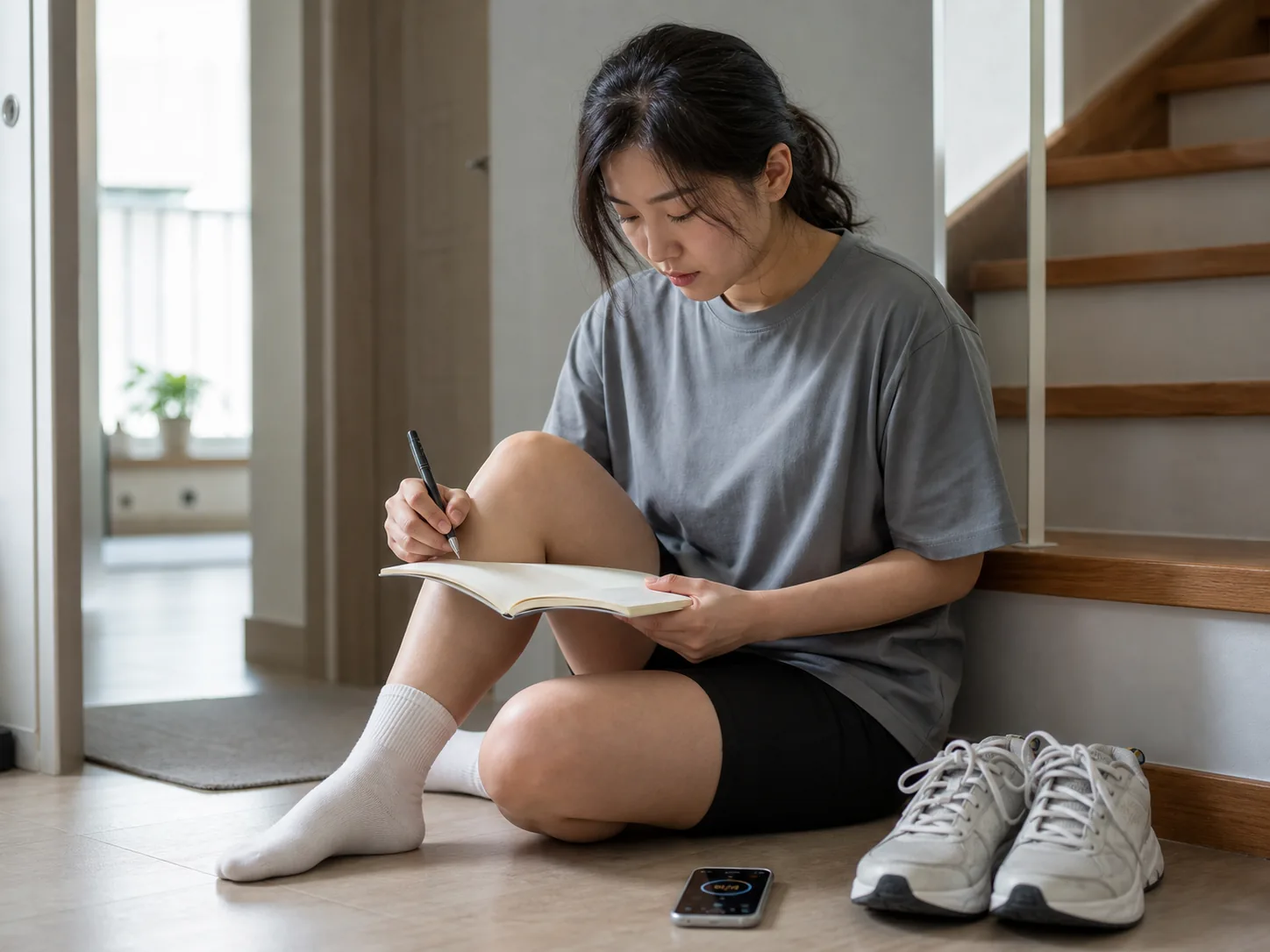 한국인 슬개대퇴통증증후군 환자가 집 계단 옆에서 무릎 통증과 운동 후 반응을 빈 노트에 기록하는 장면
