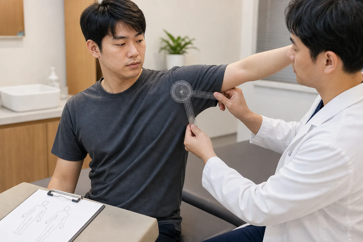 한국인 의료진이 대흉근통증 환자의 앞쪽 어깨와 흉곽 움직임을 국내 진료실에서 확인하는 장면