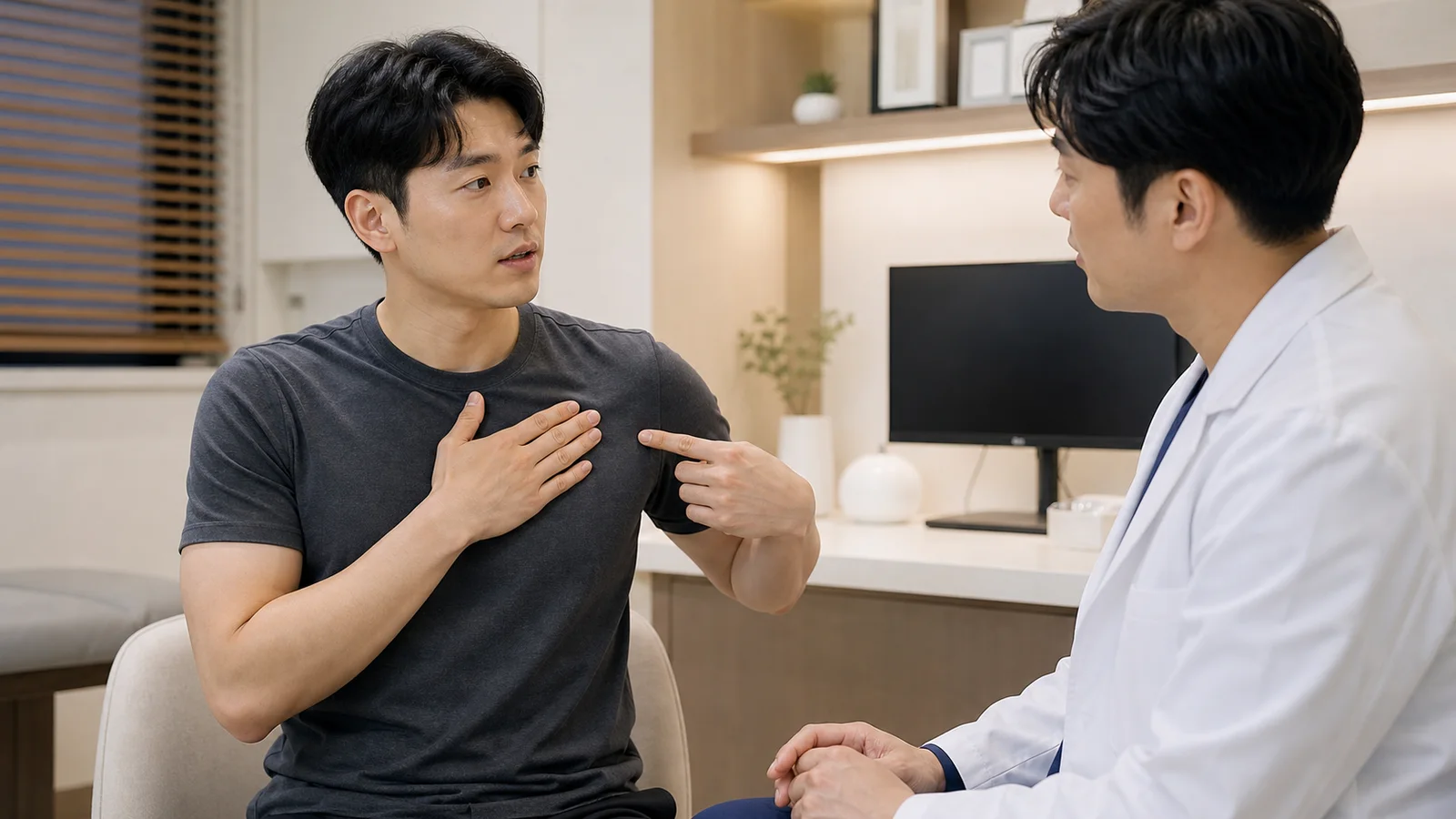 한국인 대흉근통증 환자가 앞가슴과 어깨 앞쪽 통증을 국내 의료 상담 공간에서 설명하는 장면