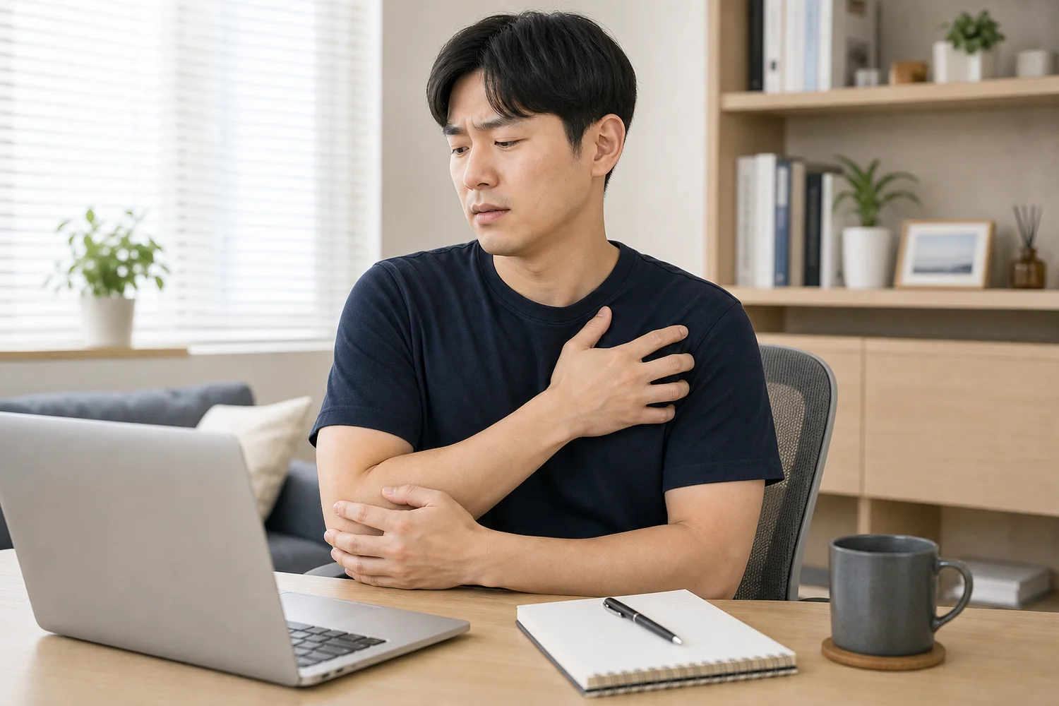 한국인 환자가 노트북 작업 뒤 앞가슴 대흉근 당김과 어깨 자세를 생활 기록으로 정리하는 장면