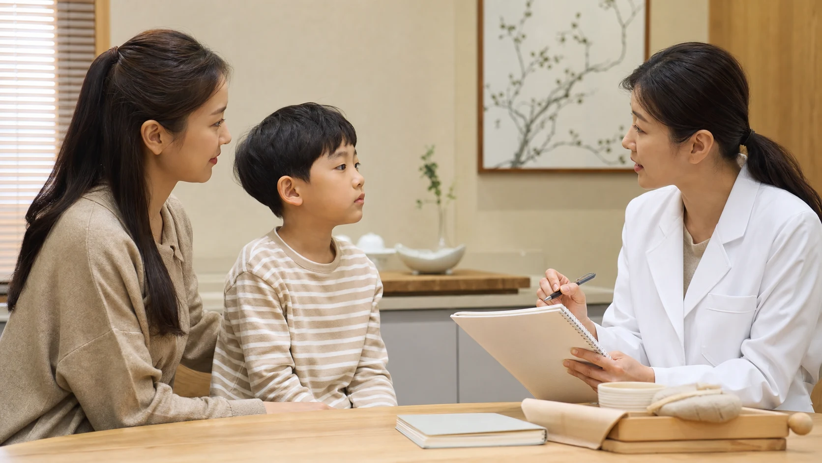 소아복통으로 한국인 보호자와 아이가 국내 한의원 진료실에서 복통 시간표를 상담하는 장면