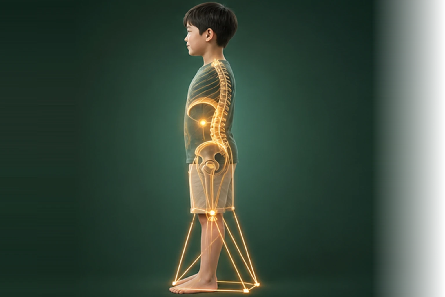 소아복통 아이의 머리부터 발끝까지 온전한 인체 형태에서 구조의 흐름을 선명한 황금빛으로 보여 주는 담적병 골든셋 교육 이미지