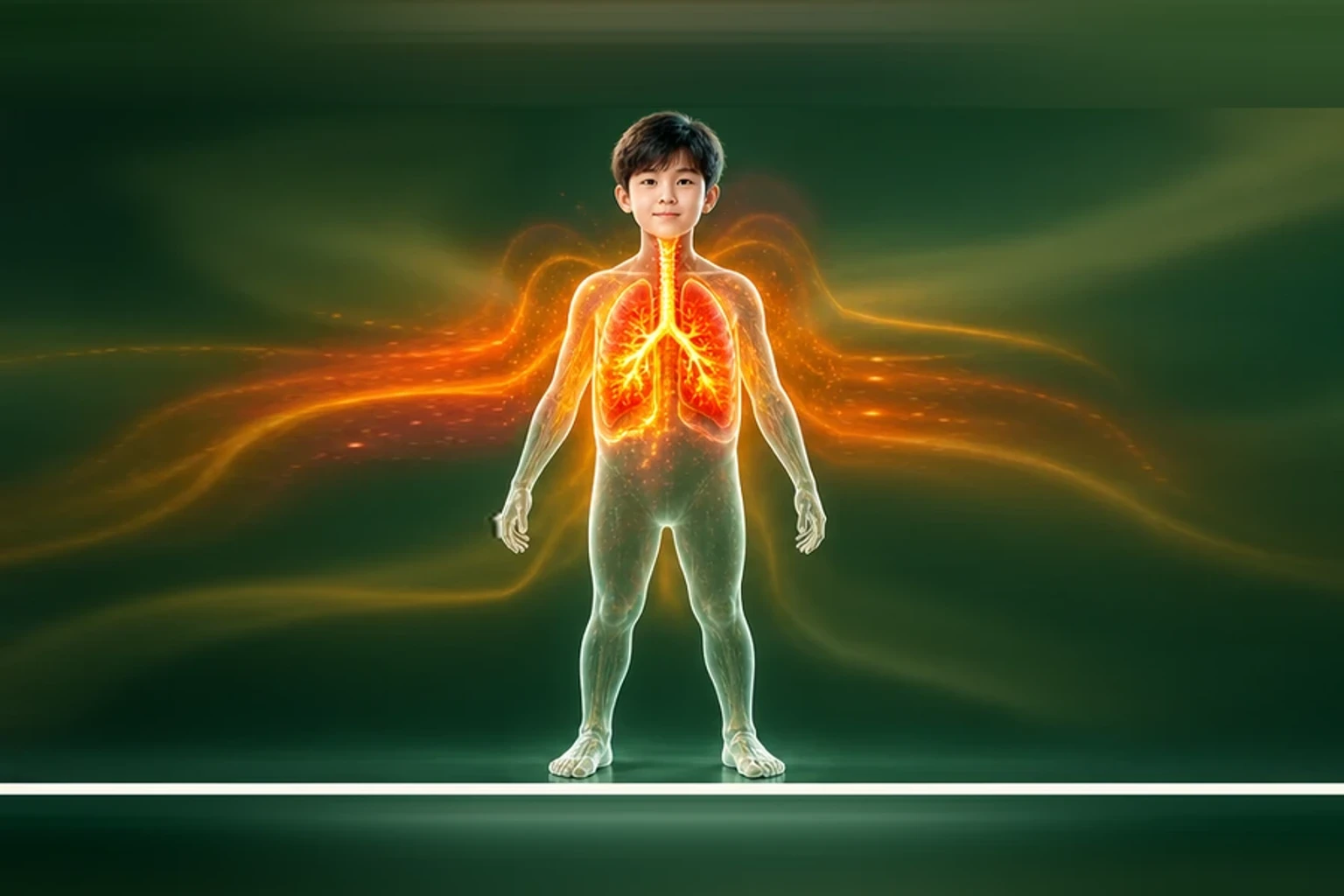 소아기관지염 아이의 머리부터 발끝까지 온전한 인체 형태에서 열의 흐름을 선명한 황금빛으로 보여 주는 담적병 골든셋 교육 이미지
