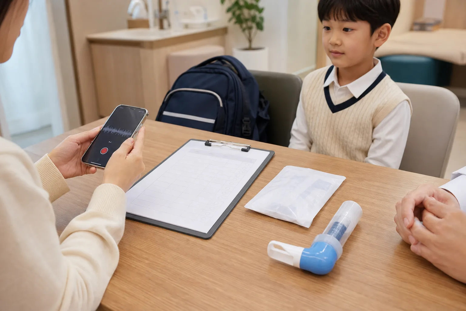 소아만성기침 보호자가 아이의 기침 녹음과 체크리스트를 초진 상담 전에 정리하는 장면