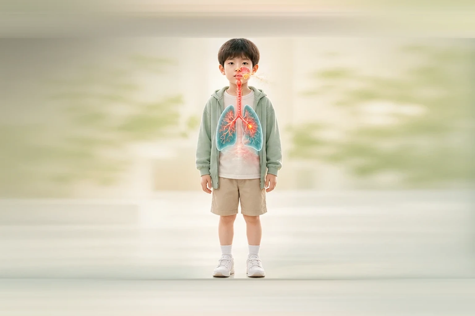 소아만성기침과 관련된 신체 부위를 머리부터 발끝까지 온전히 보이는 아이 위에 밝고 친근하게 보여 주는 소아 서양의학 교육 이미지