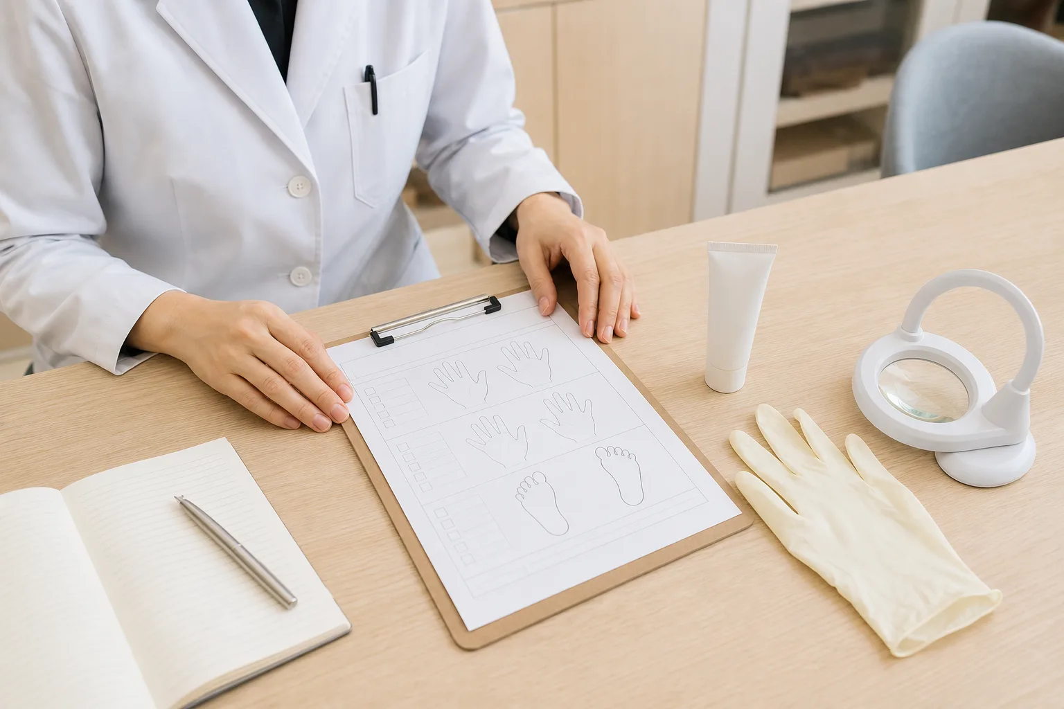 소아한포진 진료 체크포인트에서 손발 증상 기록지와 보습제, 진찰 도구를 확인하는 현대 한의원 사진