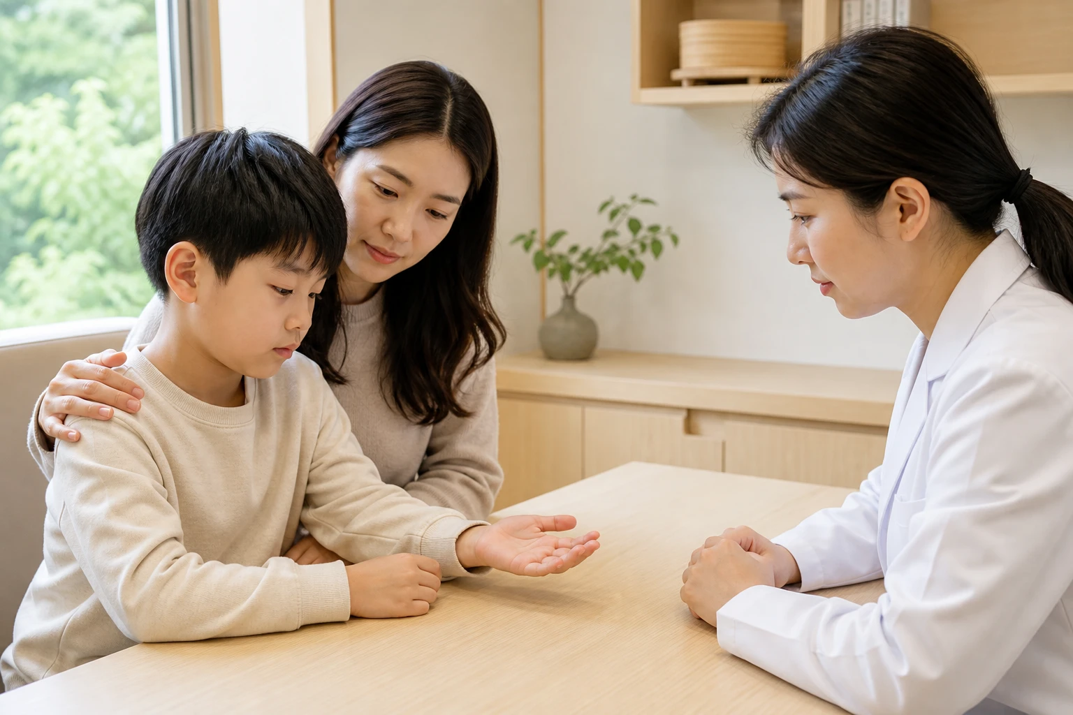 소아 한포진 아이의 손바닥을 보호자와 여성 한의사가 살피는 진료 장면