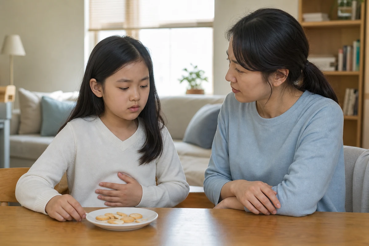 간식을 먹다 명치 불편으로 손을 얹은 한국인 아이와 보호자