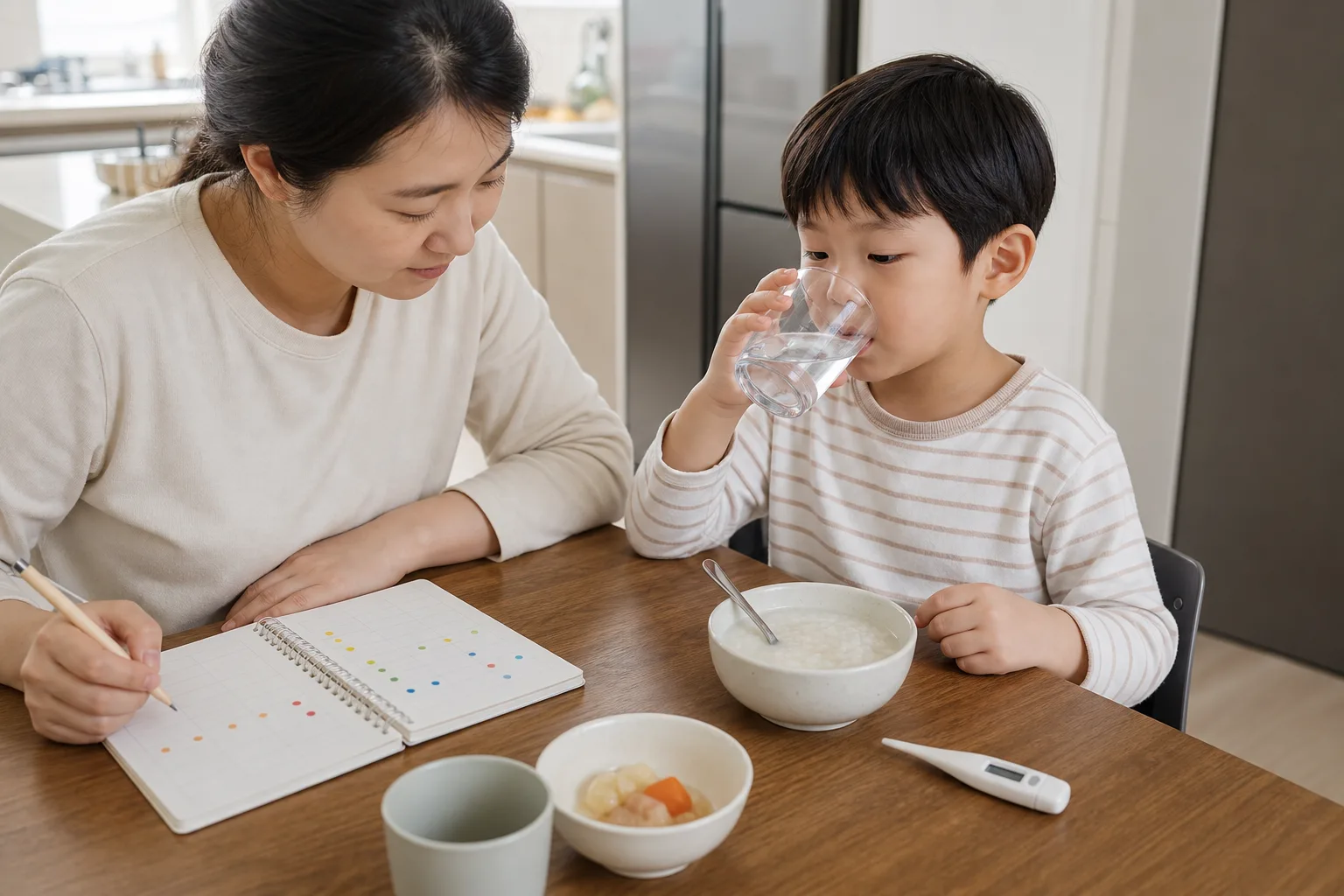 한국인 보호자가 소아위염 아이의 식사량과 속쓰림 메스꺼움 수면 배변 변화를 기록하는 장면