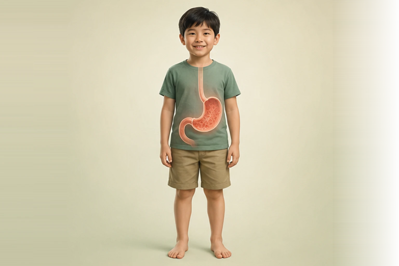 소아위염과 관련된 신체 부위를 머리부터 발끝까지 온전히 보이는 아이 위에 밝고 친근하게 보여 주는 소아 서양의학 교육 이미지
