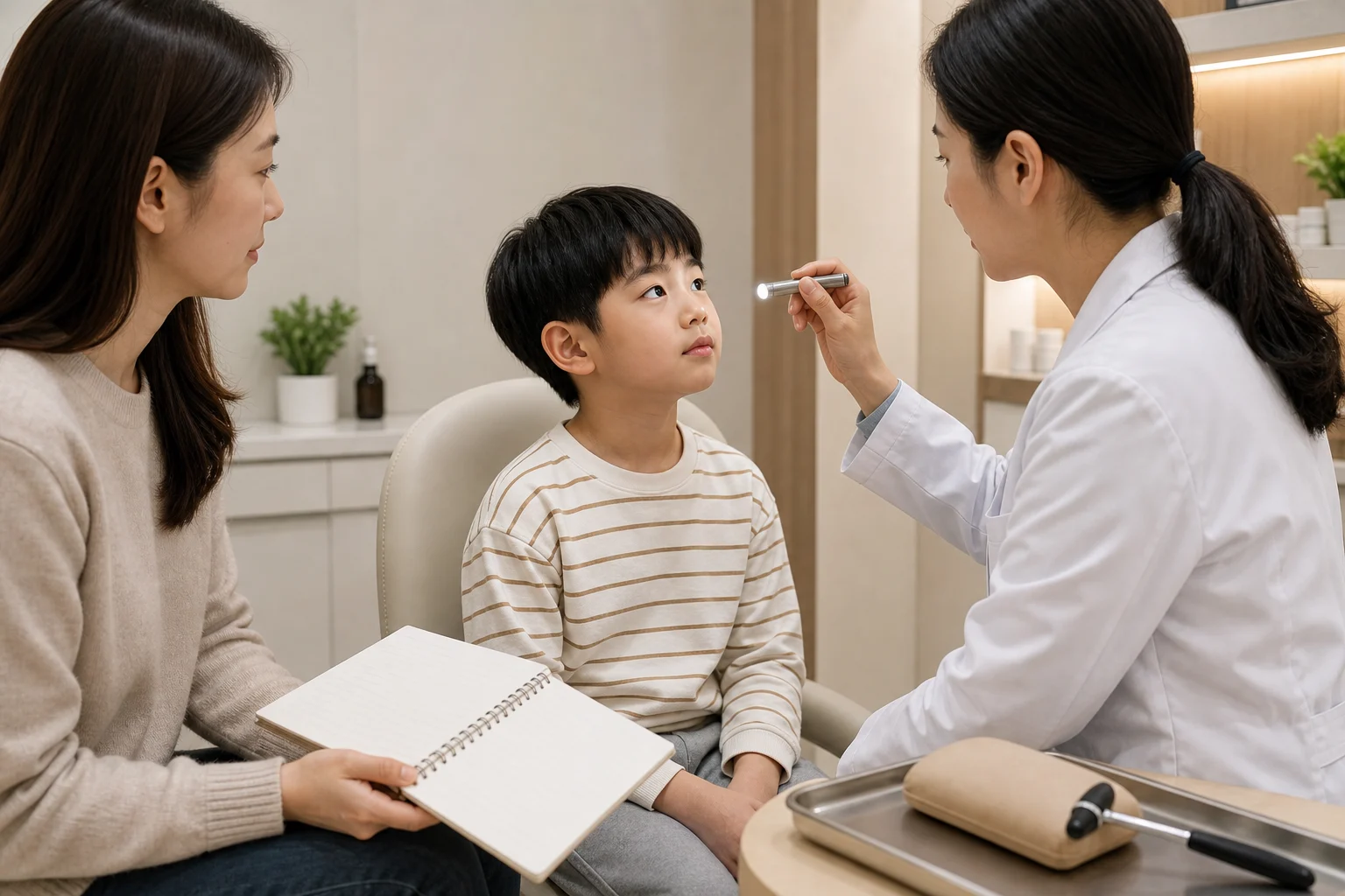 소아두통 진료 체크포인트에서 한국인 의료진이 아이의 눈 반응과 보호자 기록을 함께 확인하는 장면