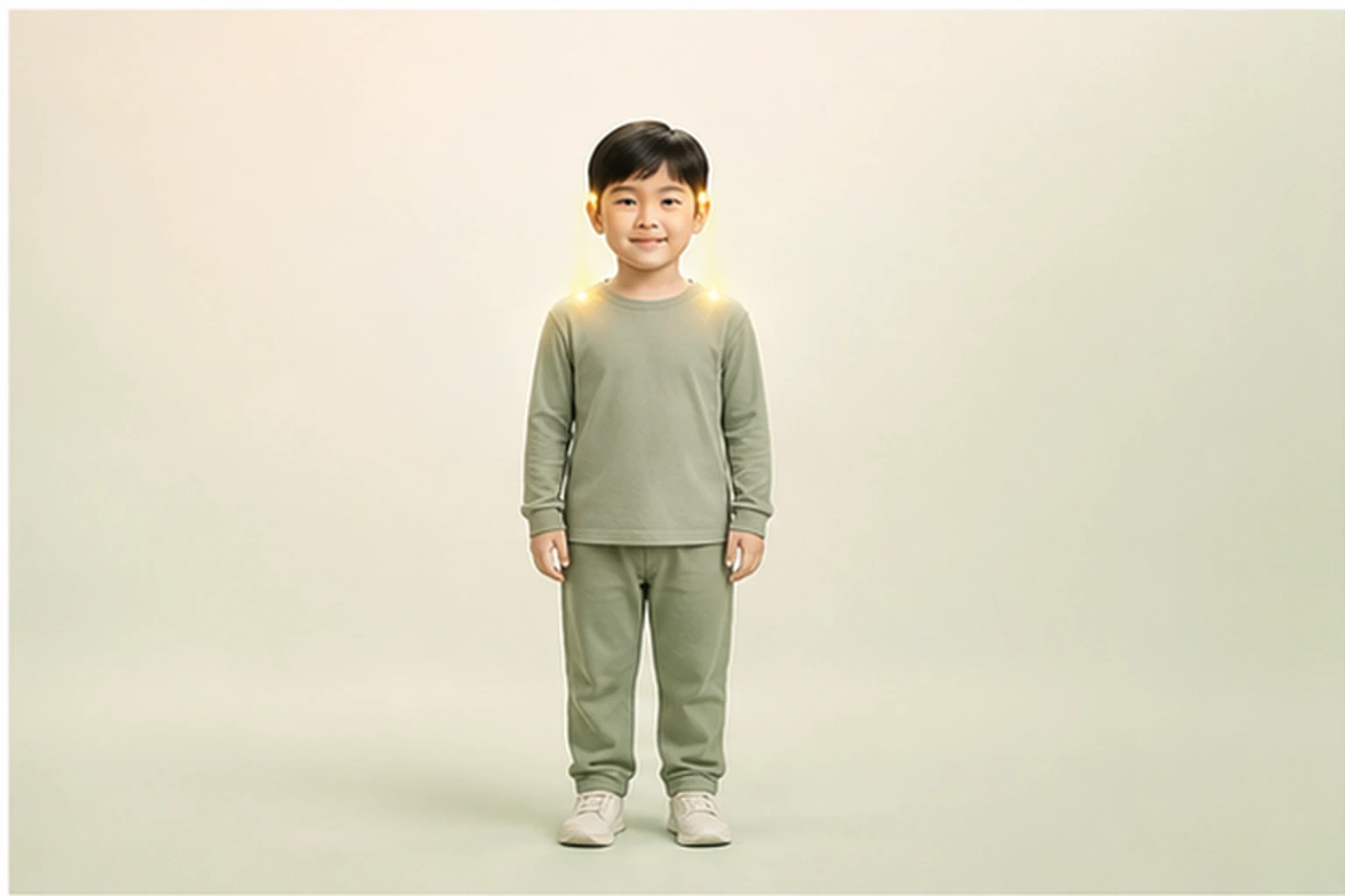 소아두통과 관련된 신체 부위를 머리부터 발끝까지 온전히 보이는 아이 위에 밝고 친근하게 보여 주는 소아 서양의학 교육 이미지