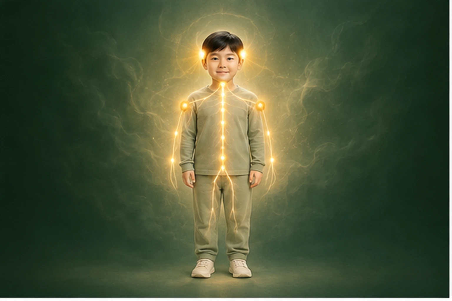 소아두통 아이의 머리부터 발끝까지 온전한 인체 형태에서 물질·열·신호·구조의 통합 흐름을 선명한 황금빛으로 보여 주는 담적병 골든셋 교육 이미지