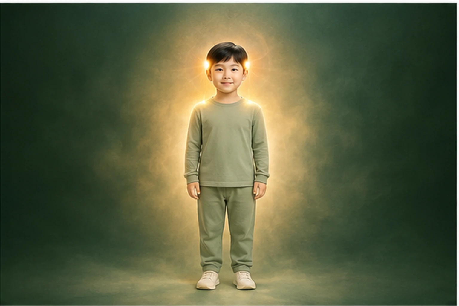 소아두통 아이의 머리부터 발끝까지 온전한 인체 형태에서 물질의 흐름을 선명한 황금빛으로 보여 주는 담적병 골든셋 교육 이미지