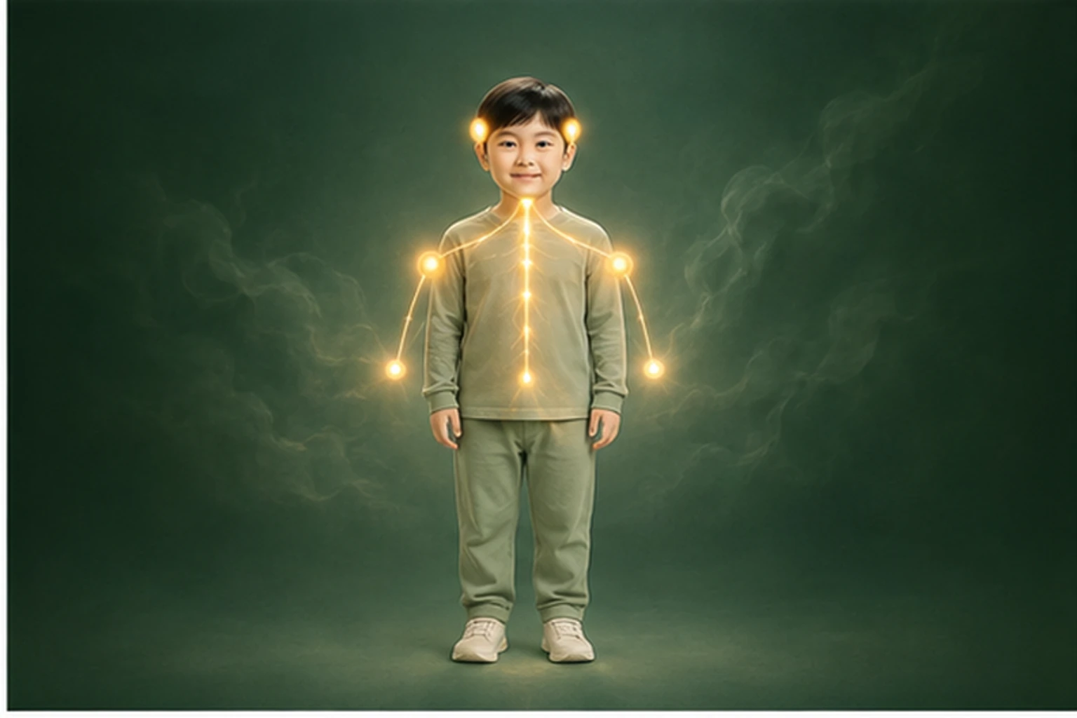 소아두통 아이의 머리부터 발끝까지 온전한 인체 형태에서 신호의 흐름을 선명한 황금빛으로 보여 주는 담적병 골든셋 교육 이미지