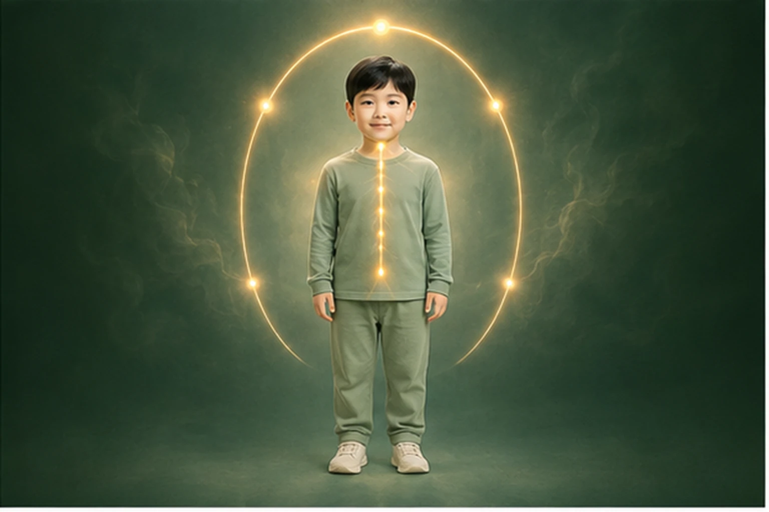 소아두통 아이의 머리부터 발끝까지 온전한 인체 형태에서 구조의 흐름을 선명한 황금빛으로 보여 주는 담적병 골든셋 교육 이미지