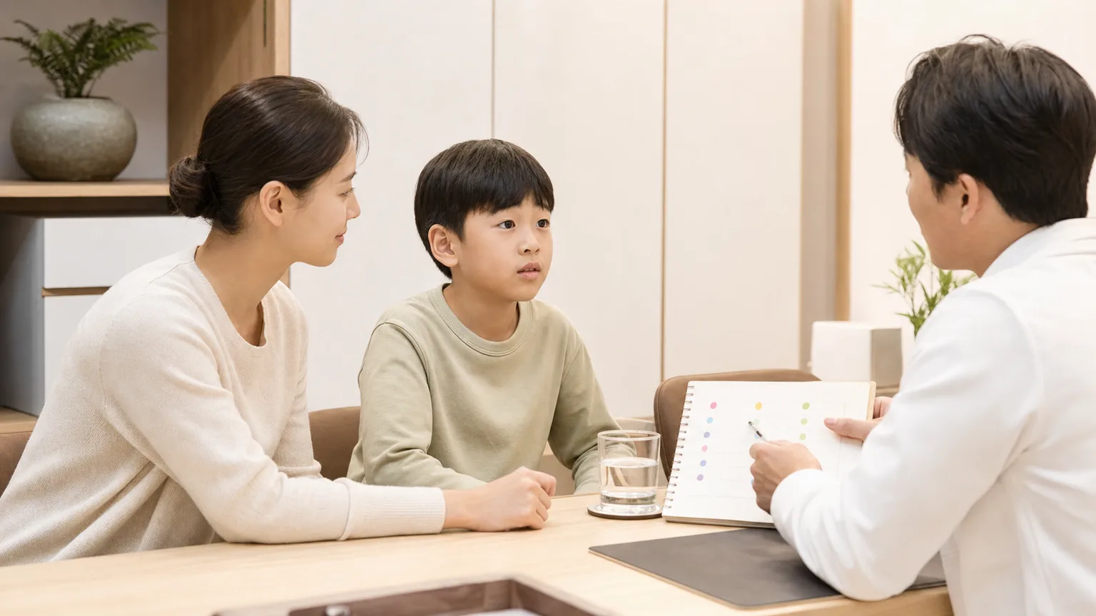소아과민성장 아이와 한국인 보호자가 국내 한의원 진료실에서 복통과 배변 기록을 놓고 상담하는 장면