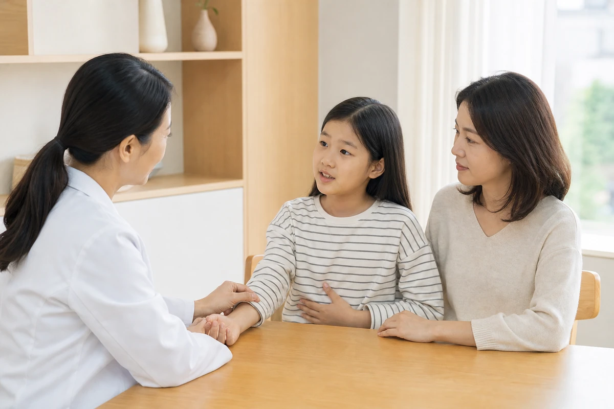 소아 과민성장증후군 환자를 진찰하는 한국인 의료진과 보호자