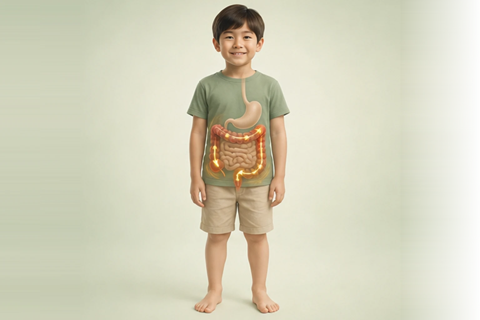 소아과민성장과 관련된 신체 부위를 머리부터 발끝까지 온전히 보이는 아이 위에 밝고 친근하게 보여 주는 소아 서양의학 교육 이미지