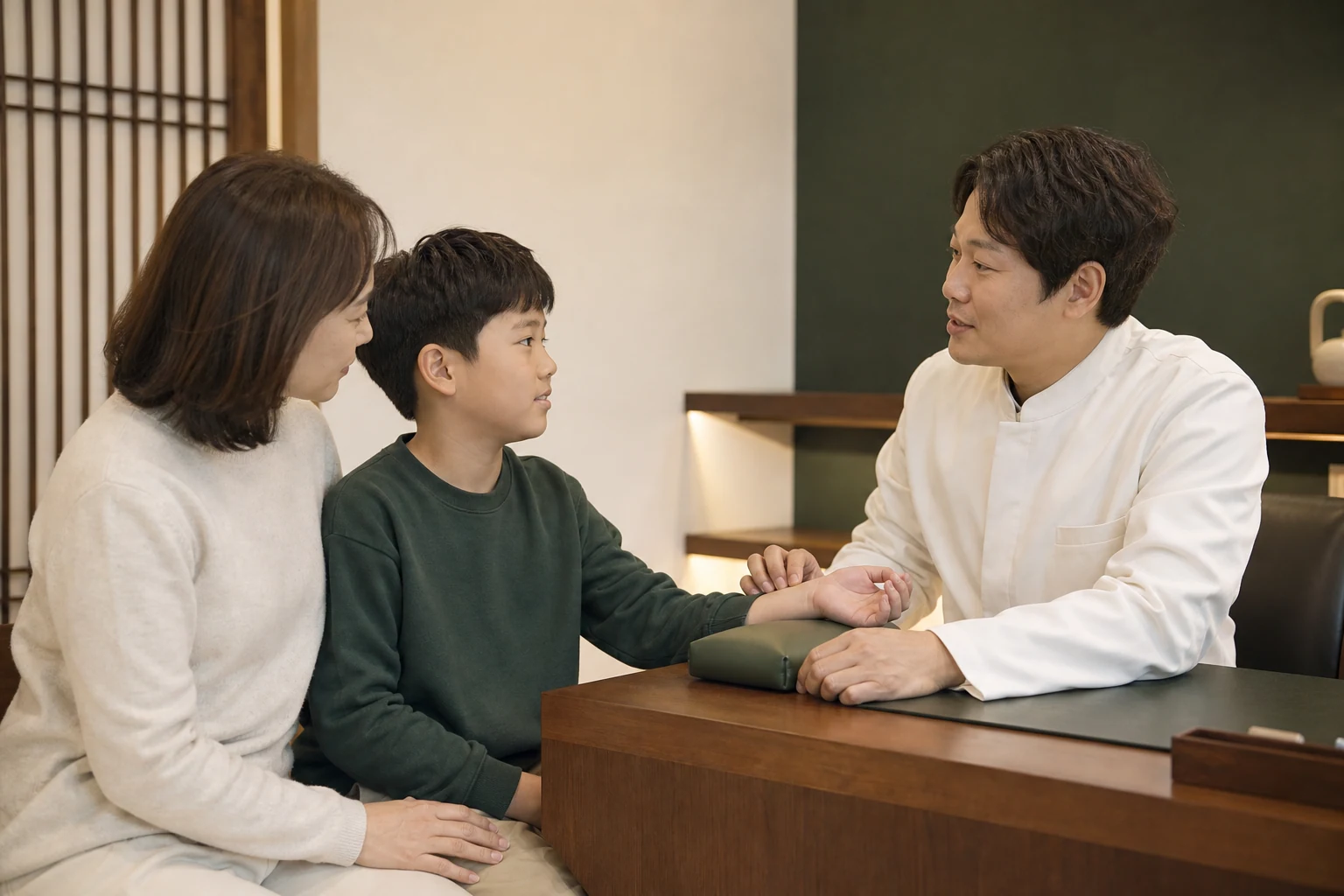 소아대사증후군 진료에서 보호자와 함께 앉은 한국인 어린이의 맥을 한의사가 살피는 장면