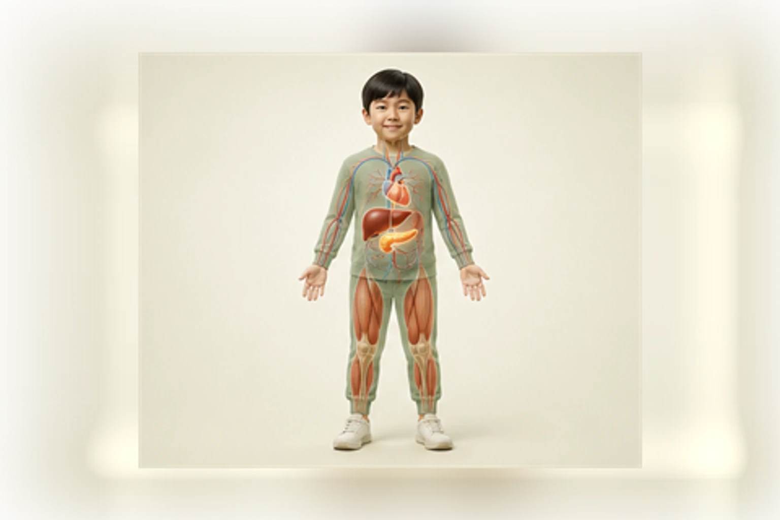 소아대사증후군과 관련된 신체 부위를 머리부터 발끝까지 온전히 보이는 아이 위에 밝고 친근하게 보여 주는 소아 서양의학 교육 이미지