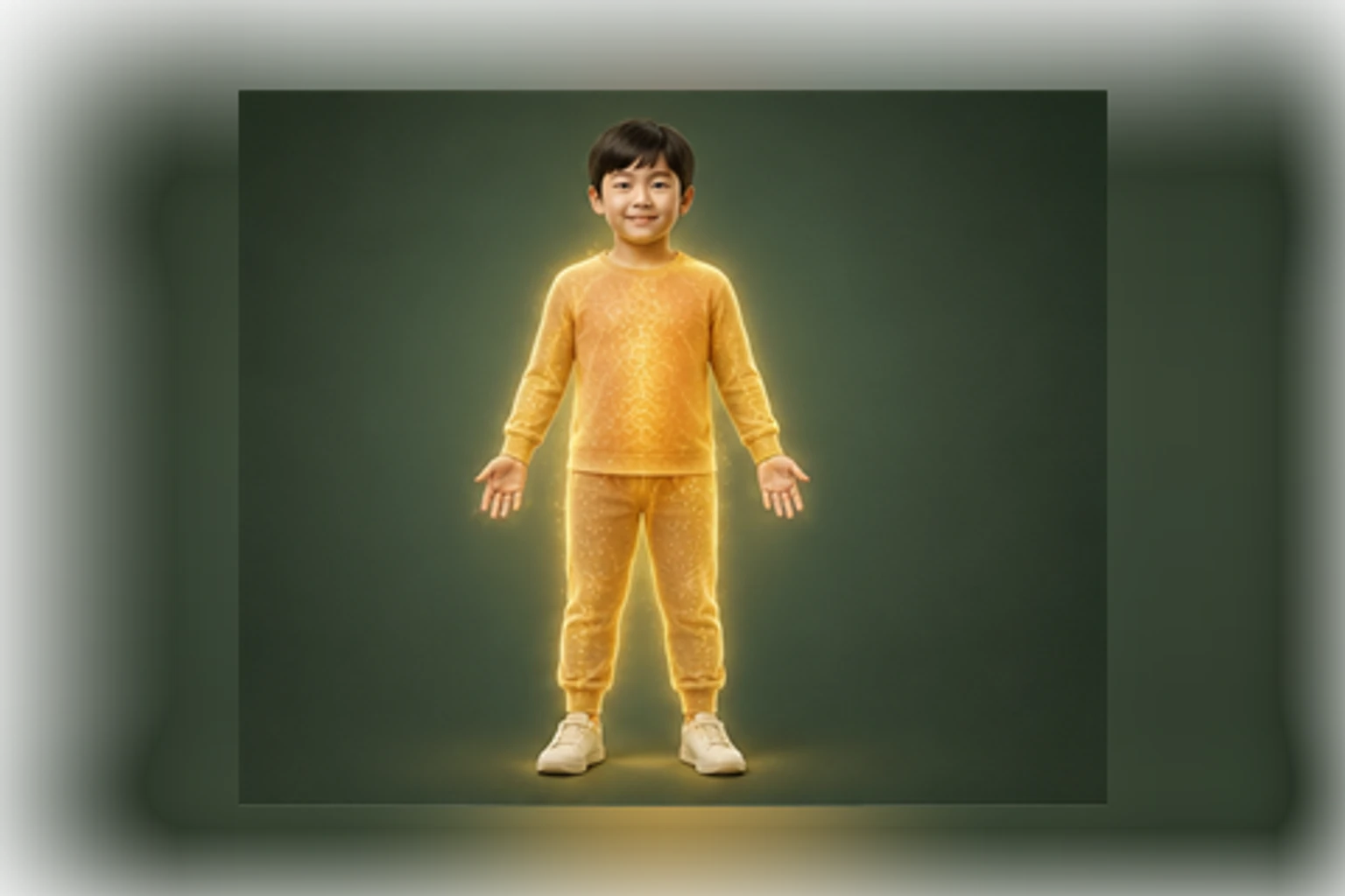 소아대사증후군 아이의 머리부터 발끝까지 온전한 인체 형태에서 열의 흐름을 선명한 황금빛으로 보여 주는 담적병 골든셋 교육 이미지