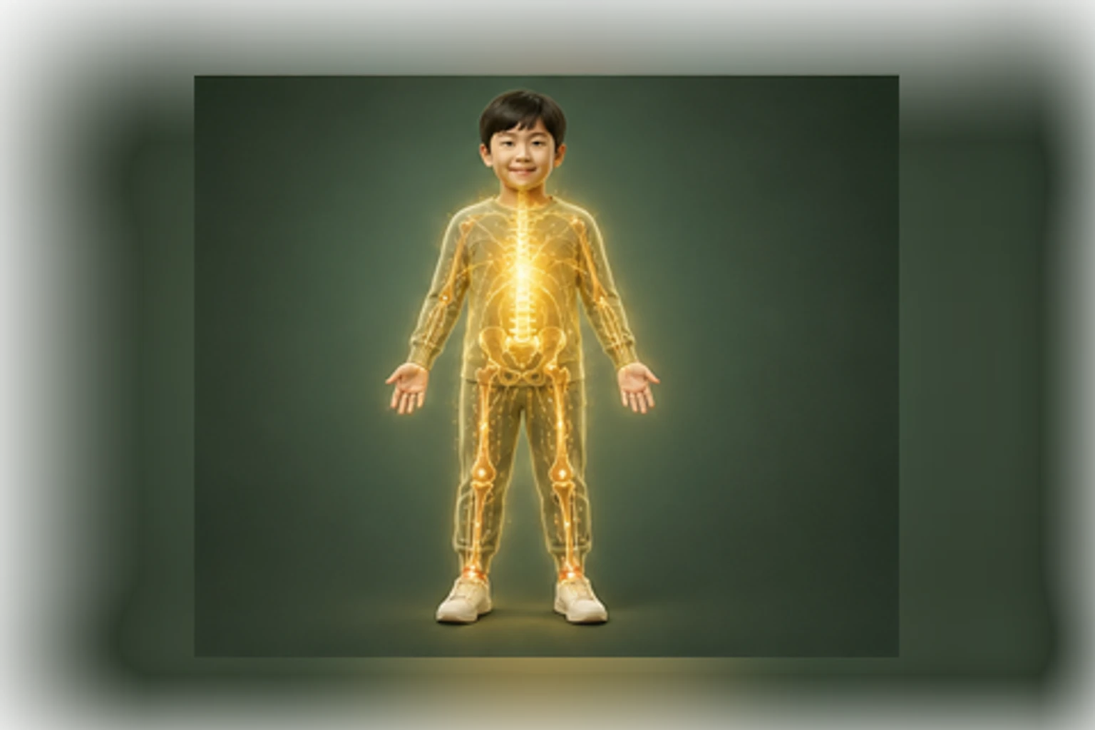 소아대사증후군 아이의 머리부터 발끝까지 온전한 인체 형태에서 물질·열·신호·구조의 통합 흐름을 선명한 황금빛으로 보여 주는 담적병 골든셋 교육 이미지