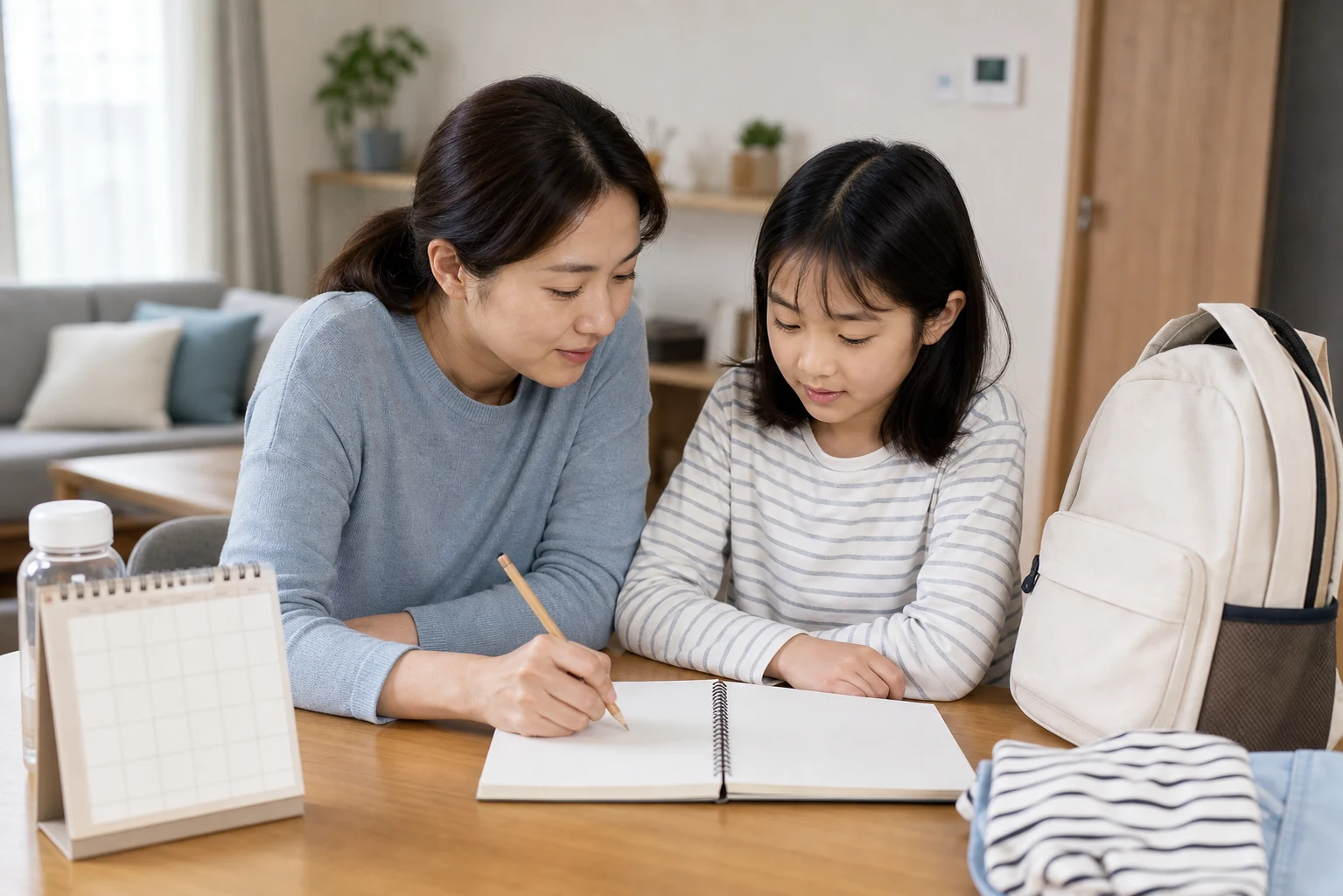 한국인 보호자와 아이가 이동 전 빈 노트에 멀미 증상 기록을 준비하는 장면