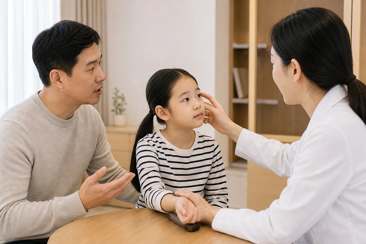 소아멀미 환자를 진찰하는 한국인 의료진과 보호자