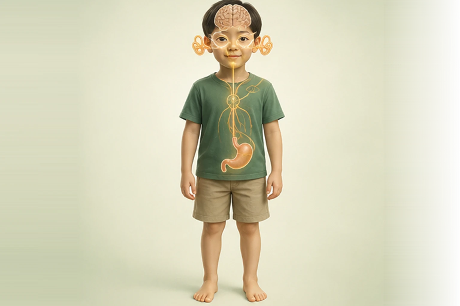 소아멀미과 관련된 신체 부위를 머리부터 발끝까지 온전히 보이는 아이 위에 밝고 친근하게 보여 주는 소아 서양의학 교육 이미지