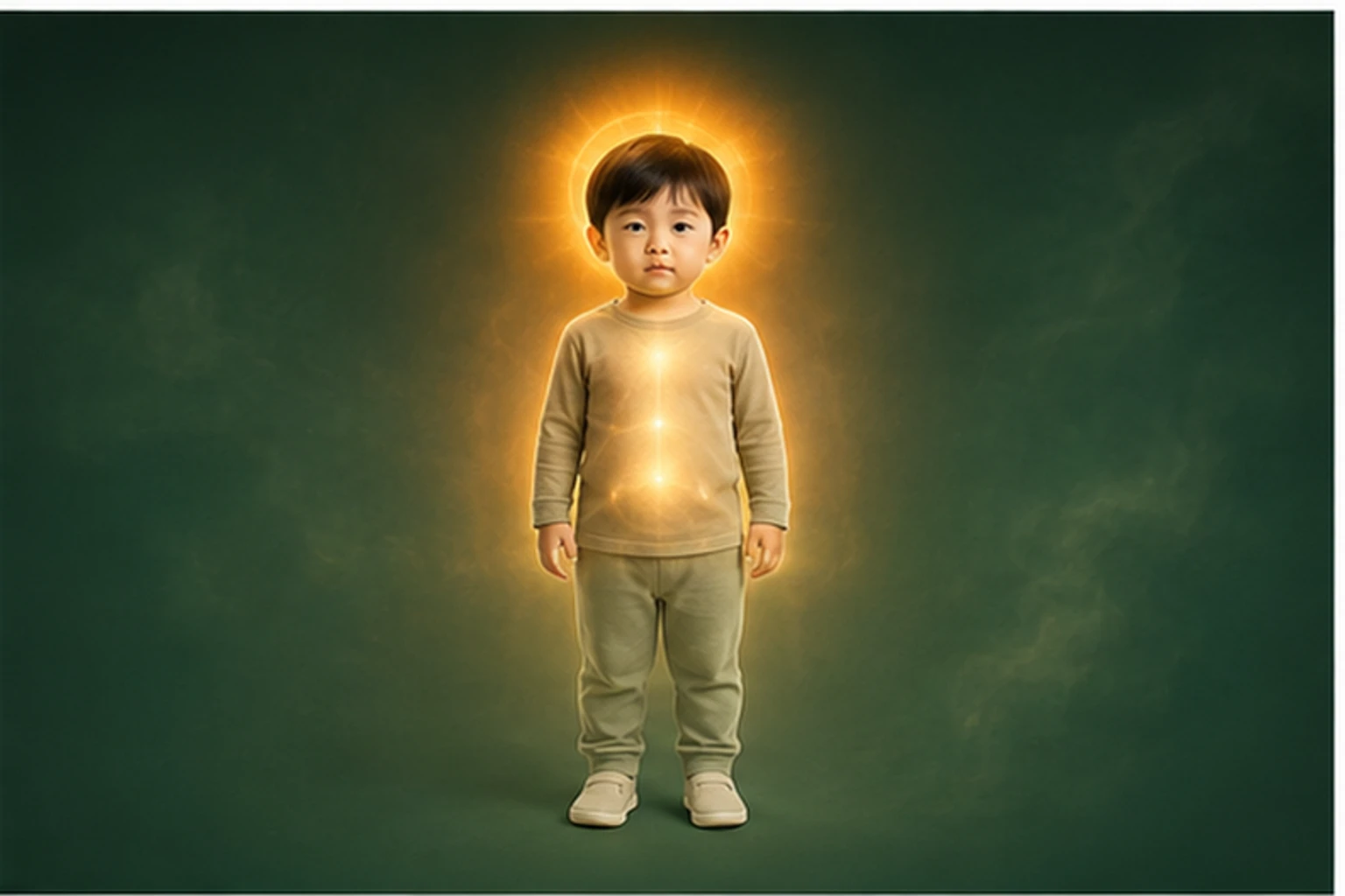 소아야제 아이의 머리부터 발끝까지 온전한 인체 형태에서 열의 흐름을 선명한 황금빛으로 보여 주는 담적병 골든셋 교육 이미지
