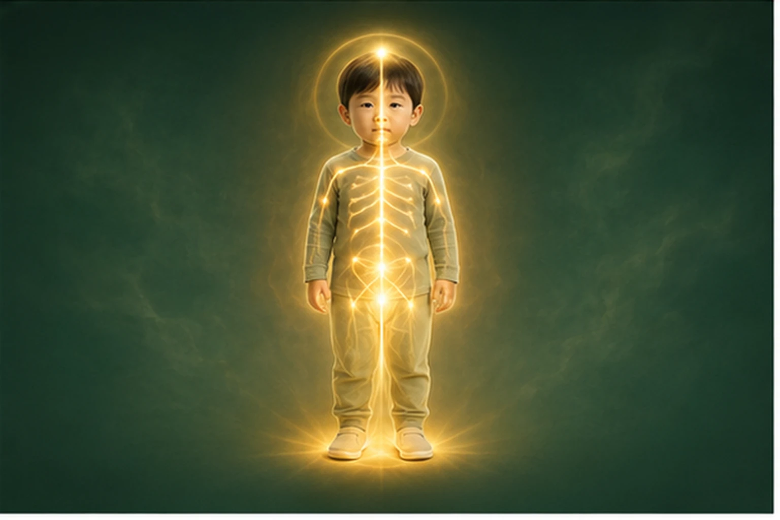 소아야제 아이의 머리부터 발끝까지 온전한 인체 형태에서 물질·열·신호·구조의 통합 흐름을 선명한 황금빛으로 보여 주는 담적병 골든셋 교육 이미지