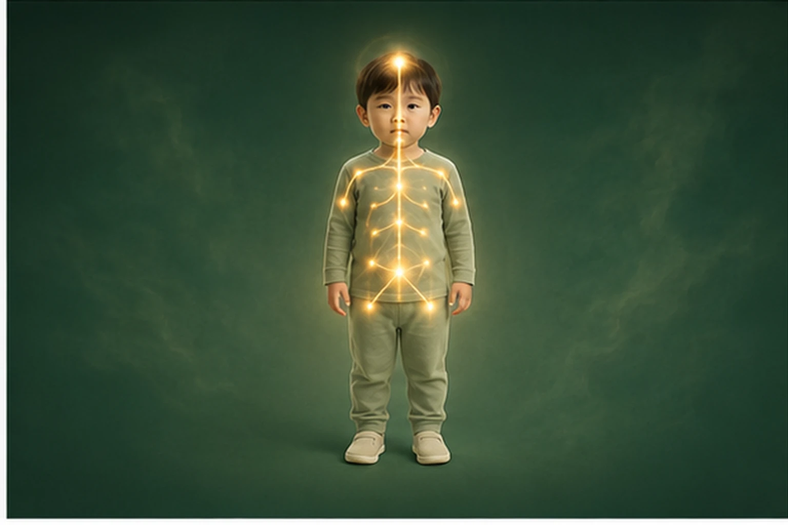 소아야제 아이의 머리부터 발끝까지 온전한 인체 형태에서 신호의 흐름을 선명한 황금빛으로 보여 주는 담적병 골든셋 교육 이미지