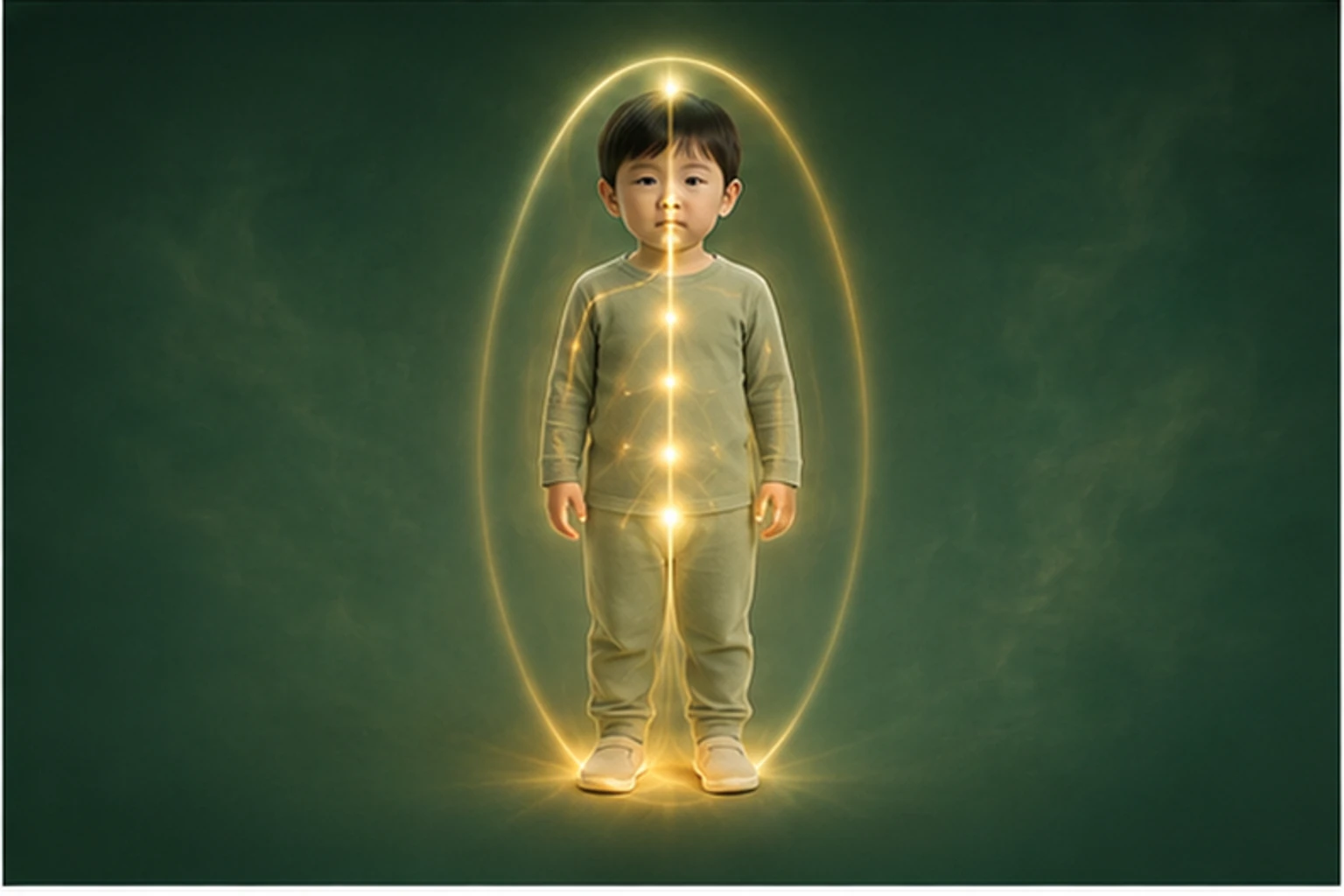 소아야제 아이의 머리부터 발끝까지 온전한 인체 형태에서 구조의 흐름을 선명한 황금빛으로 보여 주는 담적병 골든셋 교육 이미지
