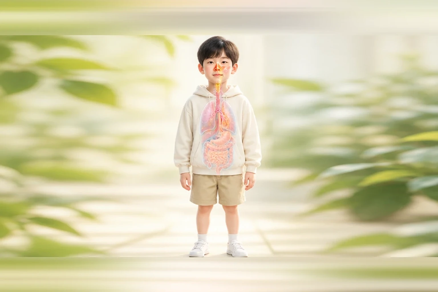 소아코피과 관련된 신체 부위를 머리부터 발끝까지 온전히 보이는 아이 위에 밝고 친근하게 보여 주는 소아 서양의학 교육 이미지