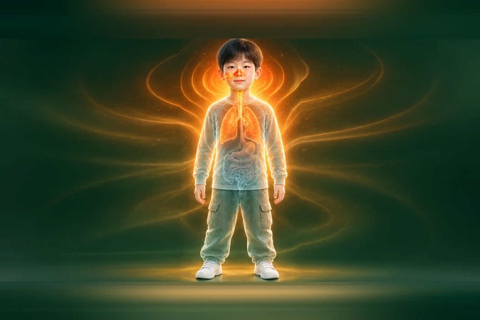 소아코피 아이의 머리부터 발끝까지 온전한 인체 형태에서 열의 흐름을 선명한 황금빛으로 보여 주는 담적병 골든셋 교육 이미지