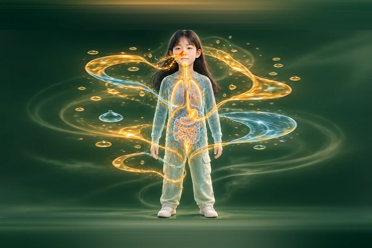 소아코피 아이의 머리부터 발끝까지 온전한 인체 형태에서 물질의 흐름을 선명한 황금빛으로 보여 주는 담적병 골든셋 교육 이미지