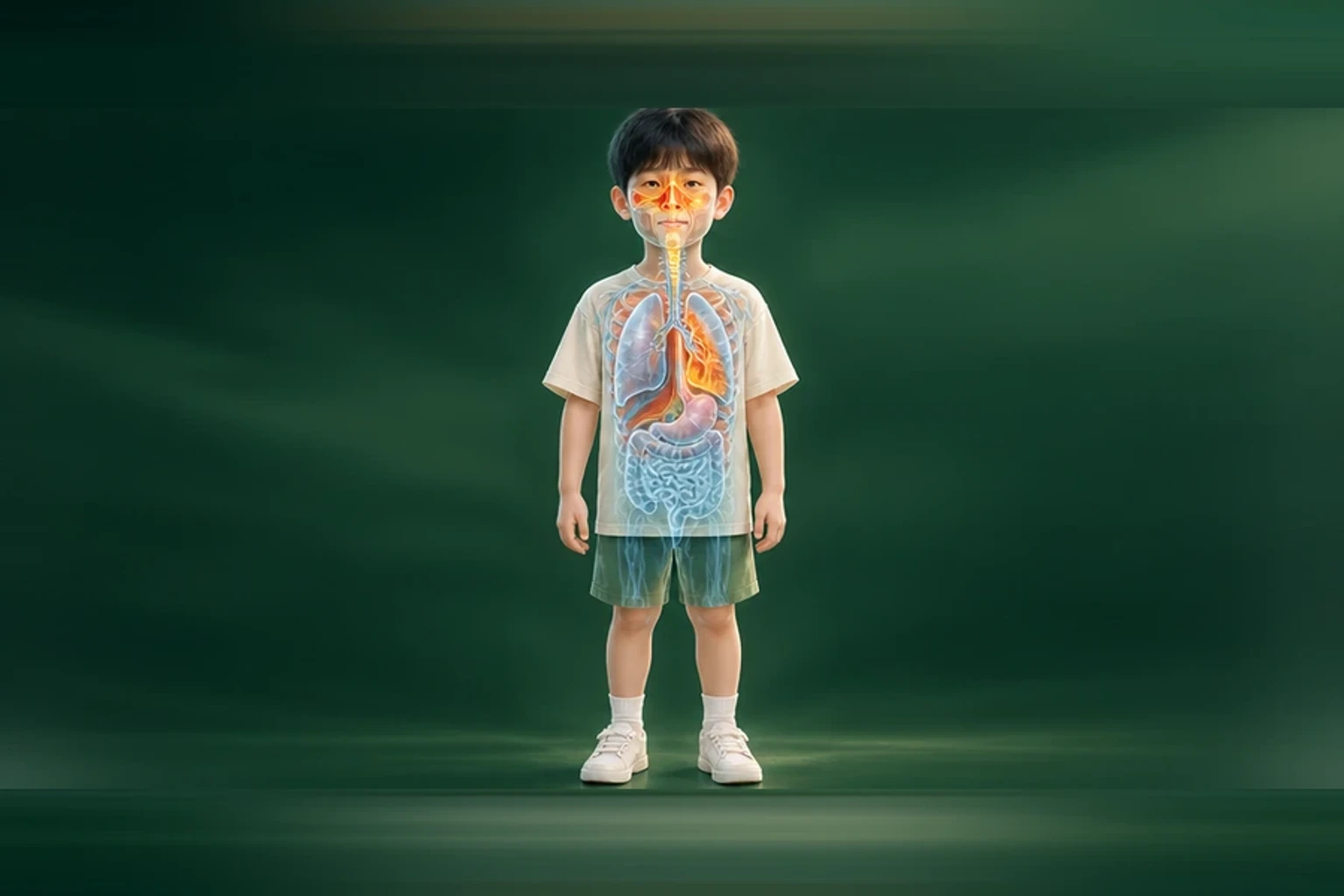 소아코피 아이의 머리부터 발끝까지 온전한 인체 형태에서 구조의 흐름을 선명한 황금빛으로 보여 주는 담적병 골든셋 교육 이미지