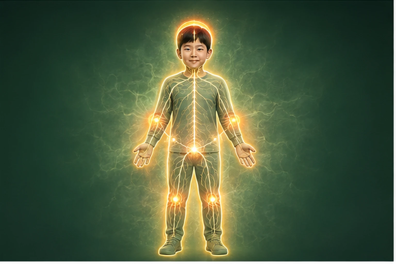 소아건선 아이의 머리부터 발끝까지 온전한 인체 형태에서 물질·열·신호·구조의 통합 흐름을 선명한 황금빛으로 보여 주는 담적병 골든셋 교육 이미지