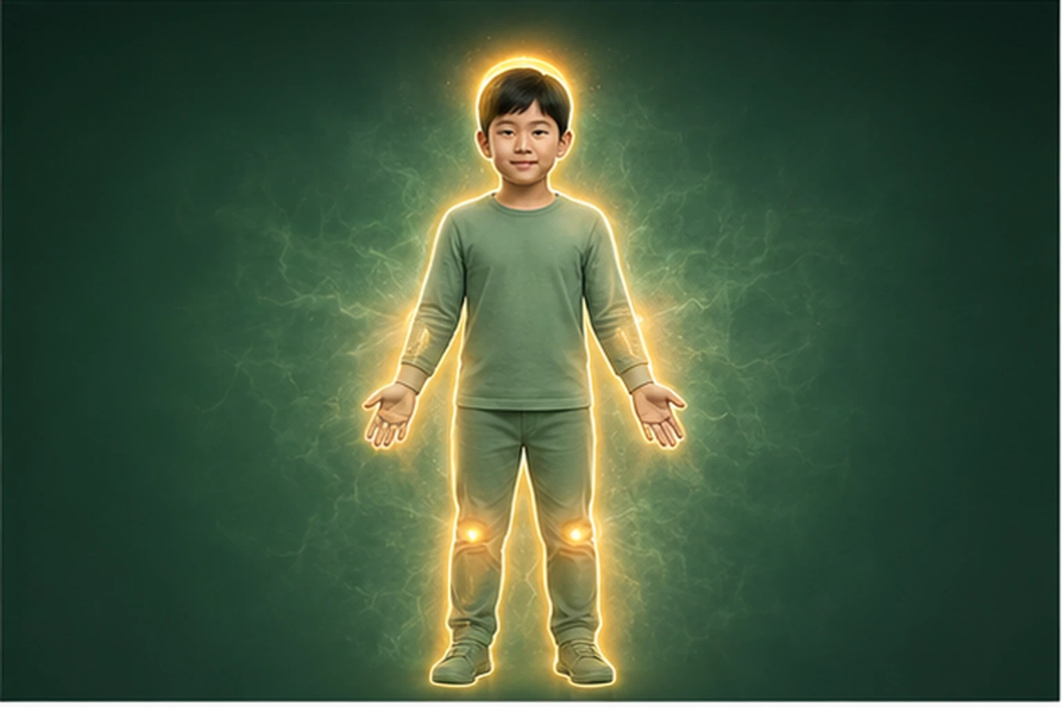 소아건선 아이의 머리부터 발끝까지 온전한 인체 형태에서 구조의 흐름을 선명한 황금빛으로 보여 주는 담적병 골든셋 교육 이미지