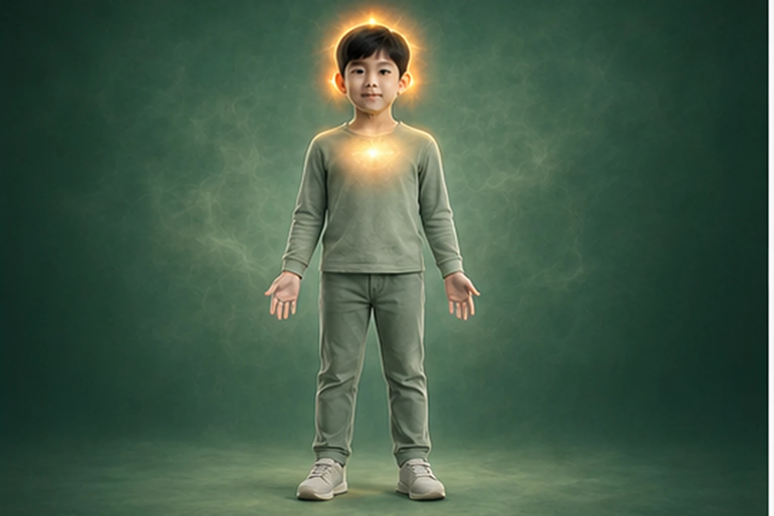 소아지루성피부염 아이의 머리부터 발끝까지 온전한 인체 형태에서 열의 흐름을 선명한 황금빛으로 보여 주는 담적병 골든셋 교육 이미지
