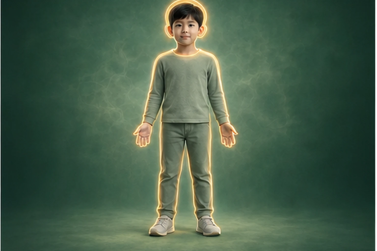 소아지루성피부염 아이의 머리부터 발끝까지 온전한 인체 형태에서 구조의 흐름을 선명한 황금빛으로 보여 주는 담적병 골든셋 교육 이미지