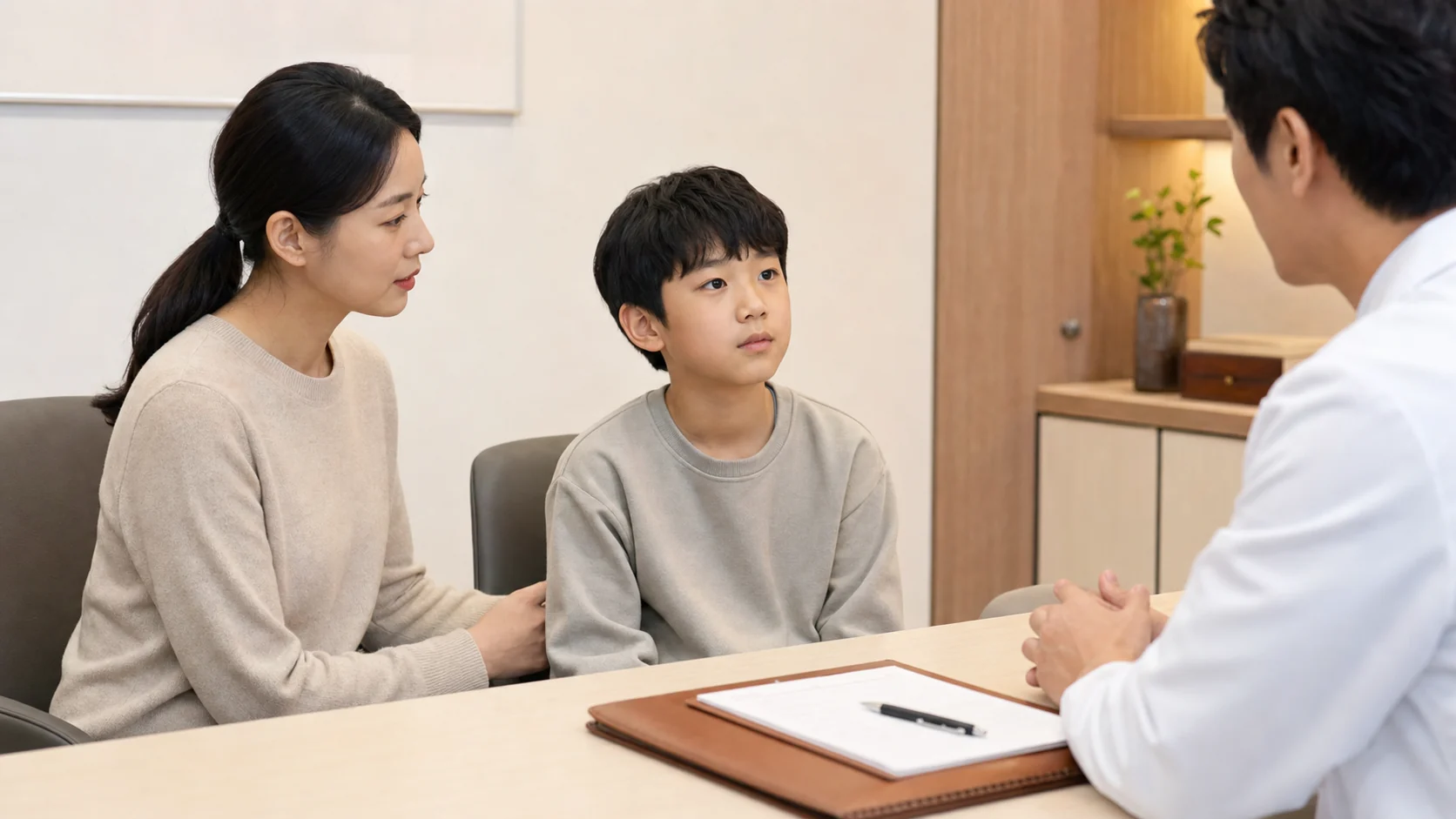 한국인 소아틱장애 환자와 보호자가 국내 한의원 진료실에서 한국인 의료진과 상담하는 사진