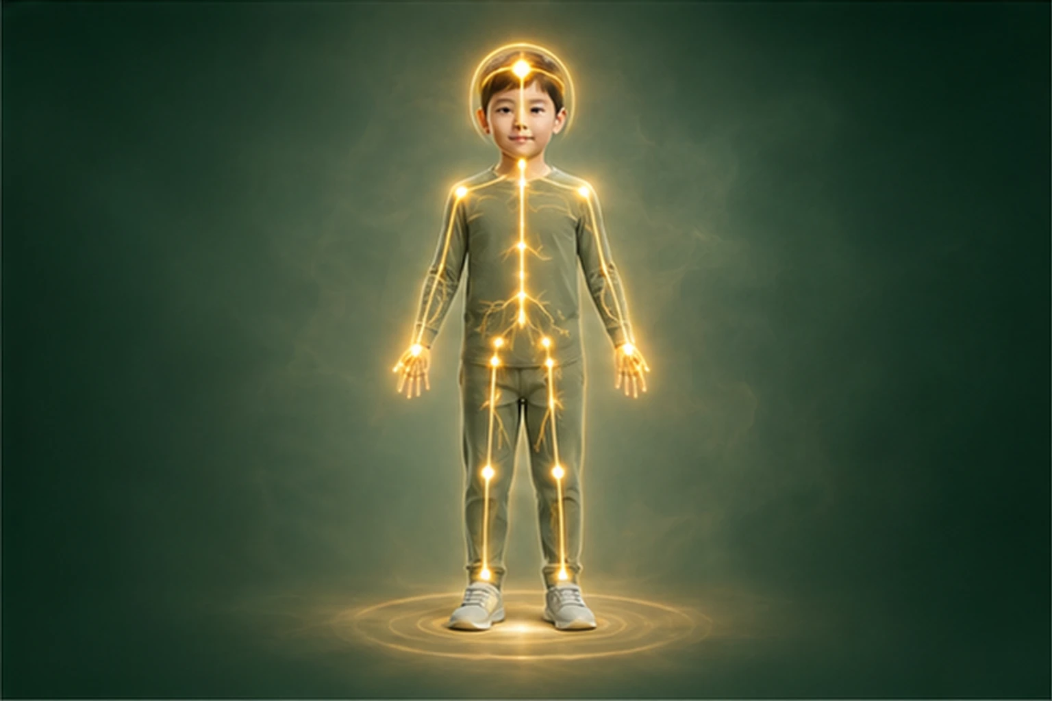 소아틱장애 아이의 머리부터 발끝까지 온전한 인체 형태에서 물질·열·신호·구조의 통합 흐름을 선명한 황금빛으로 보여 주는 담적병 골든셋 교육 이미지
