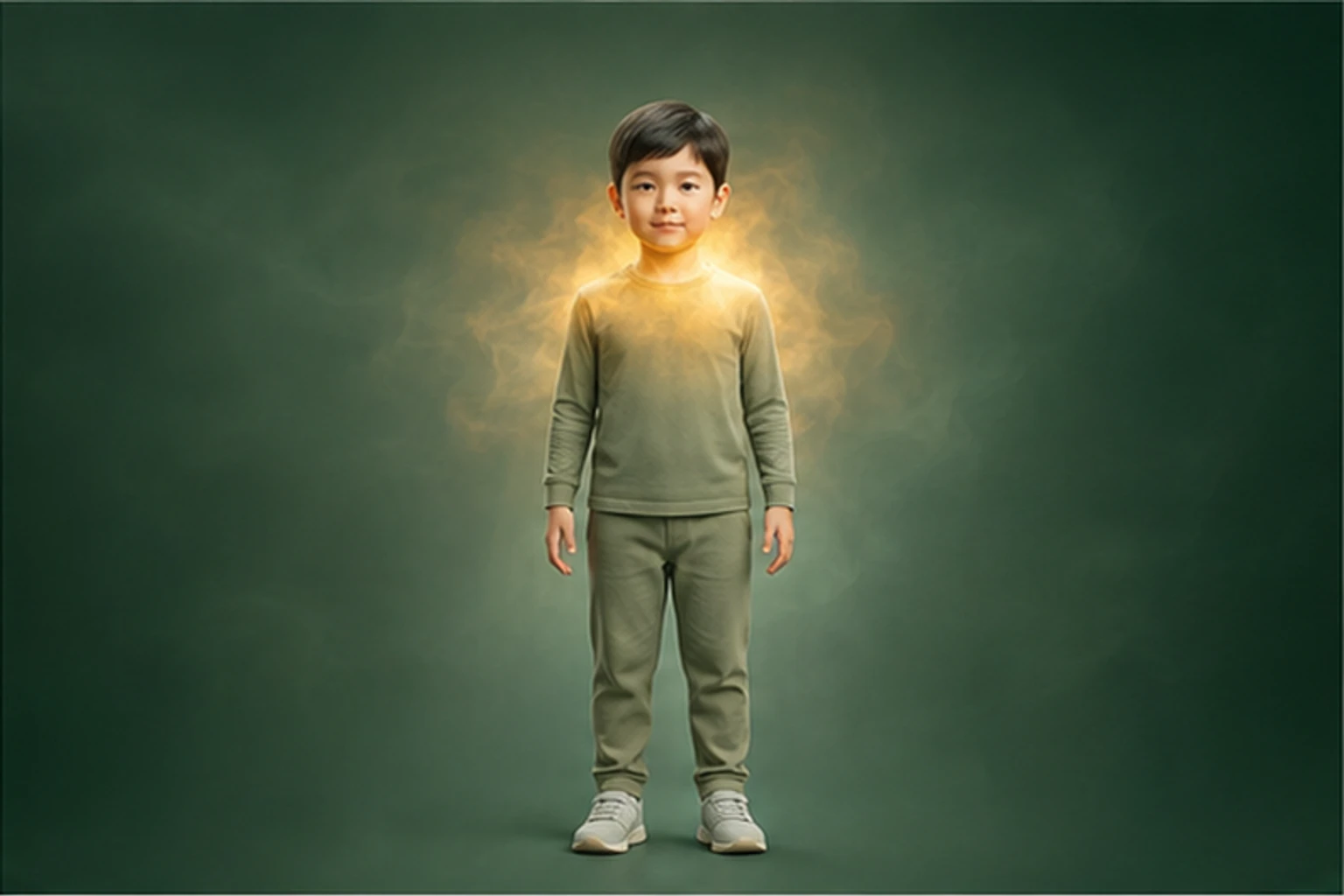 소아틱장애 아이의 머리부터 발끝까지 온전한 인체 형태에서 물질의 흐름을 선명한 황금빛으로 보여 주는 담적병 골든셋 교육 이미지