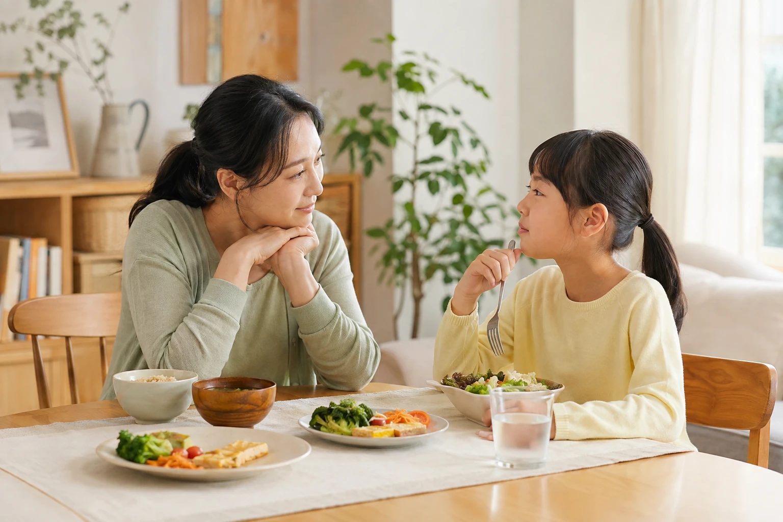 식사 중 잠시 멈춘 아이에게 보호자가 부담 없이 이야기를 건네는 장면