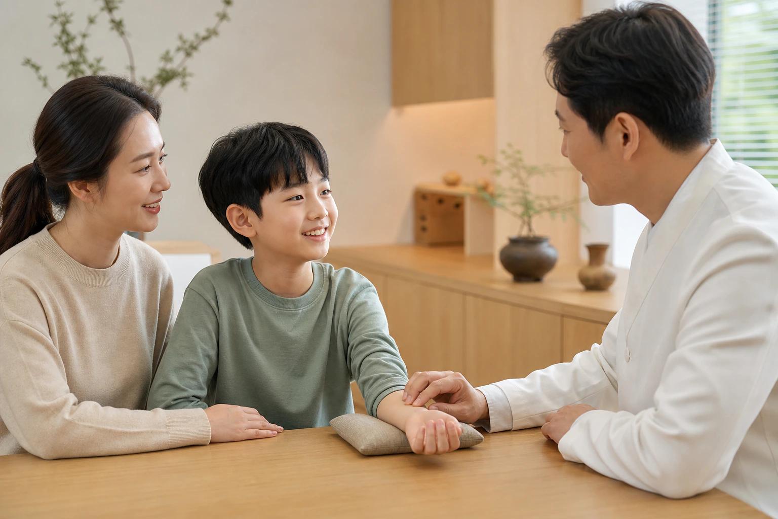 한의사가 한국인 소아저체중 아이의 손목 맥진을 하며 보호자와 식사·성장 변화를 상담하는 장면