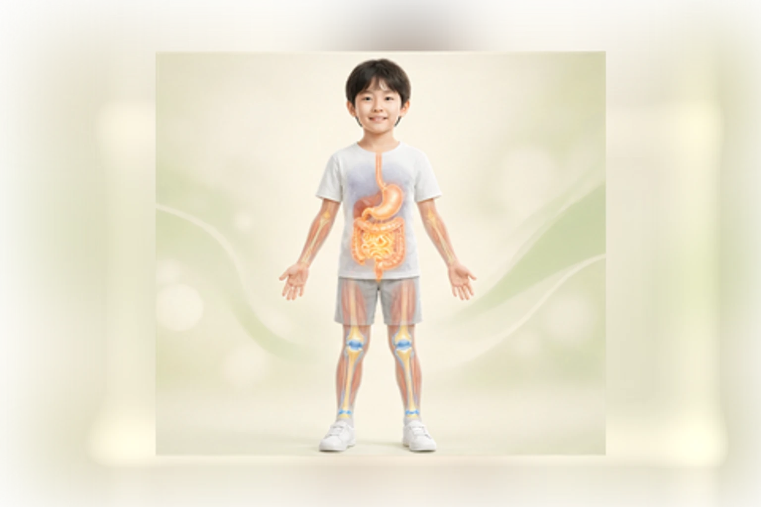 소아저체중과 관련된 신체 부위를 머리부터 발끝까지 온전히 보이는 아이 위에 밝고 친근하게 보여 주는 소아 서양의학 교육 이미지