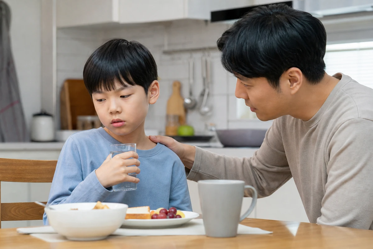 아침 식탁에서 메스꺼움으로 물컵을 든 채 식사를 멈춘 한국인 아이와 보호자
