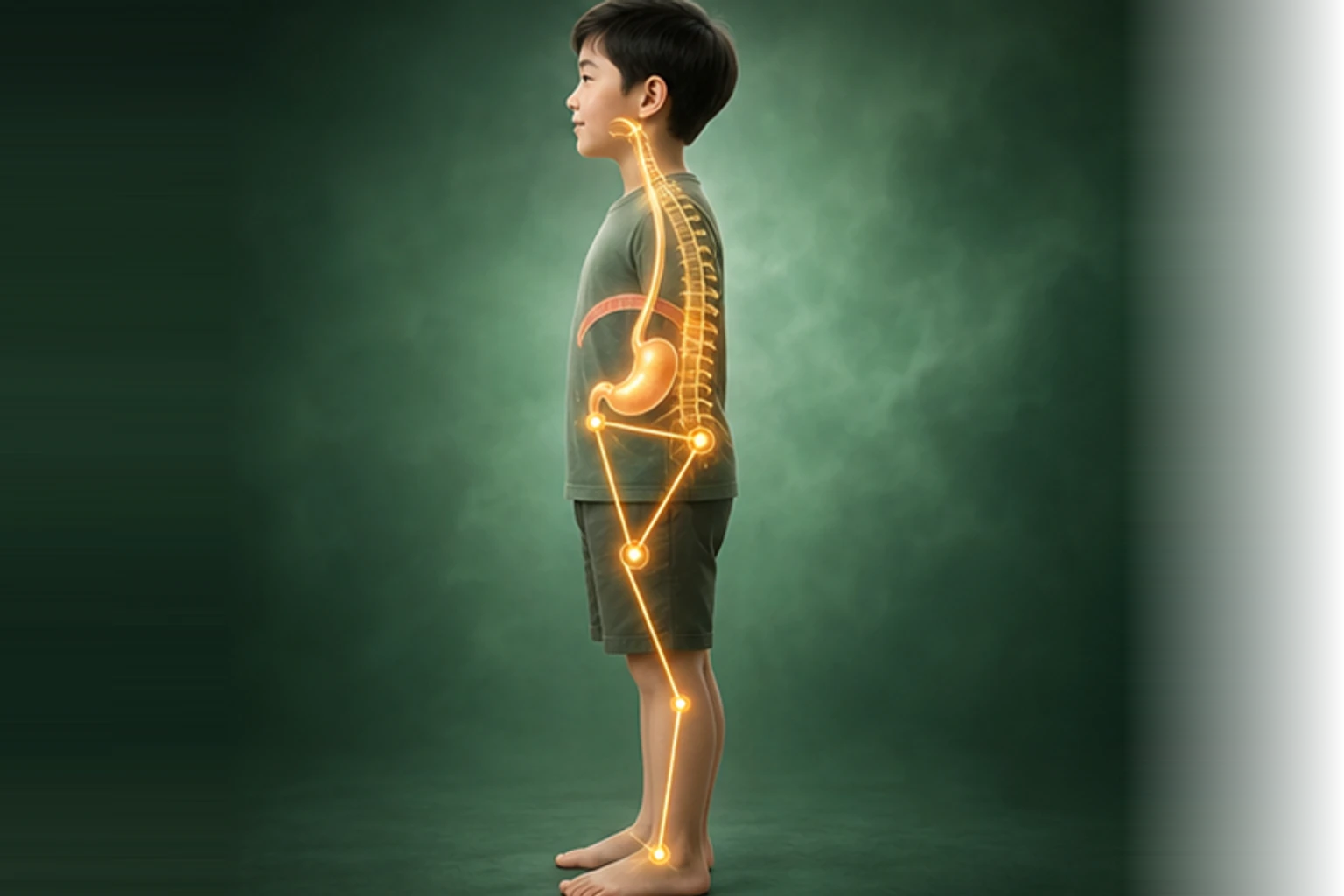 소아구토 아이의 머리부터 발끝까지 온전한 인체 형태에서 구조의 흐름을 선명한 황금빛으로 보여 주는 담적병 골든셋 교육 이미지